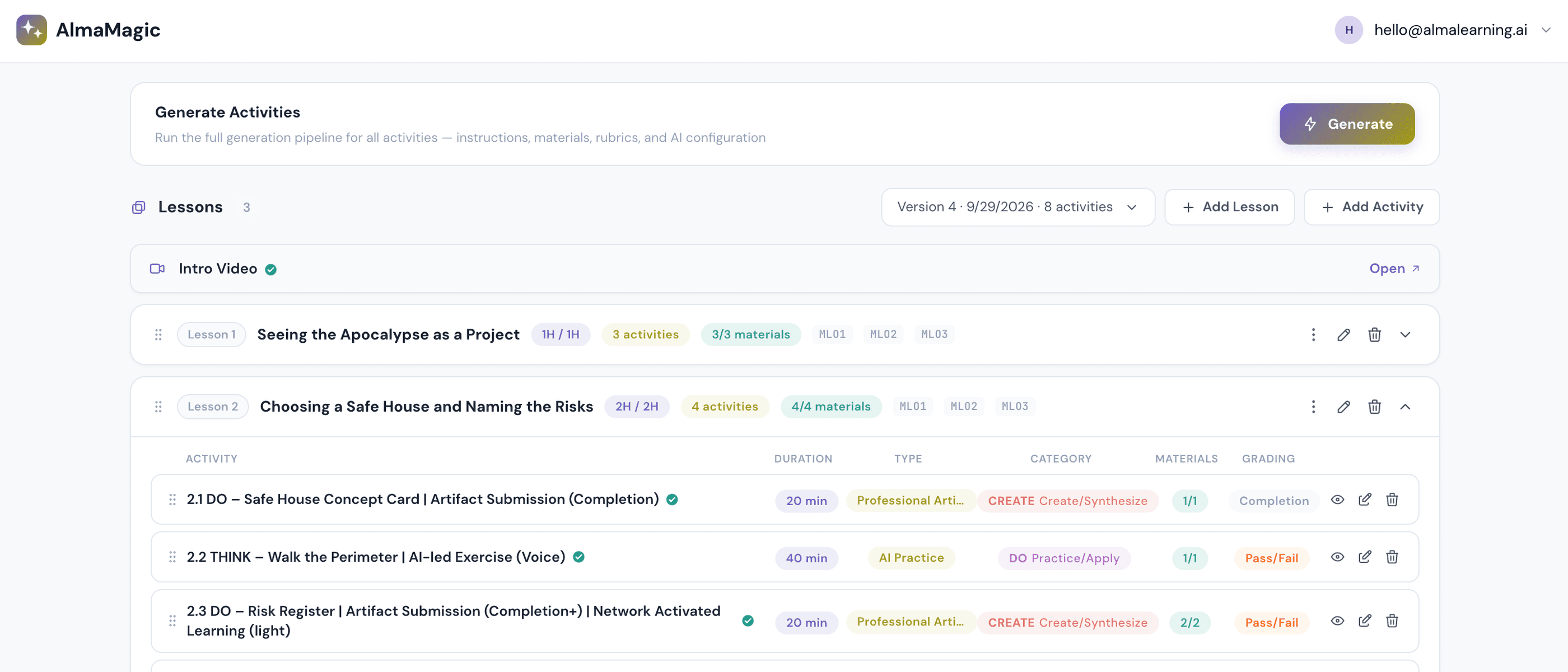 Alma's authoring tool showing a course under construction: three lessons, each with its hours, activity count, materials and the learning objectives it maps to. One lesson is expanded to list its four activities with the duration, type, category, materials and grading of each.