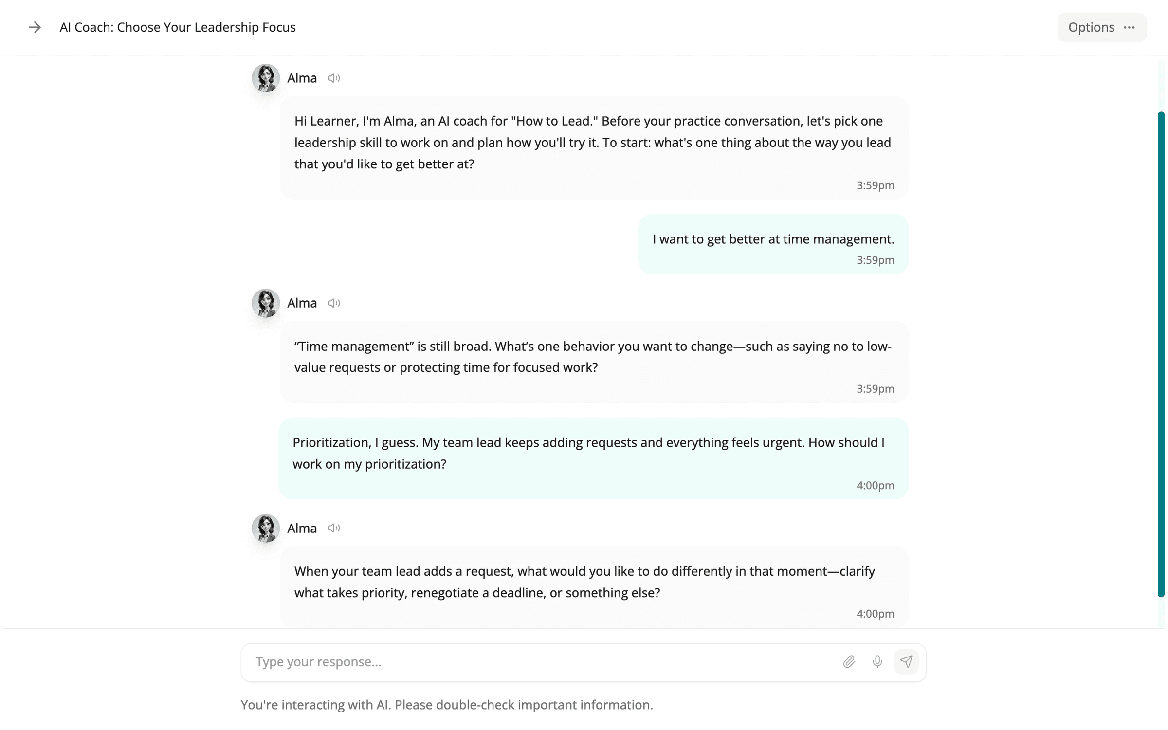 An AI coach in Alma, helping a learner choose a leadership focus before a practice conversation. The learner says they want to get better at time management. The coach replies that time management is still broad and asks for one behavior to change. The learner names prioritization, and the coach asks what they would like to do differently when their team lead adds a request.