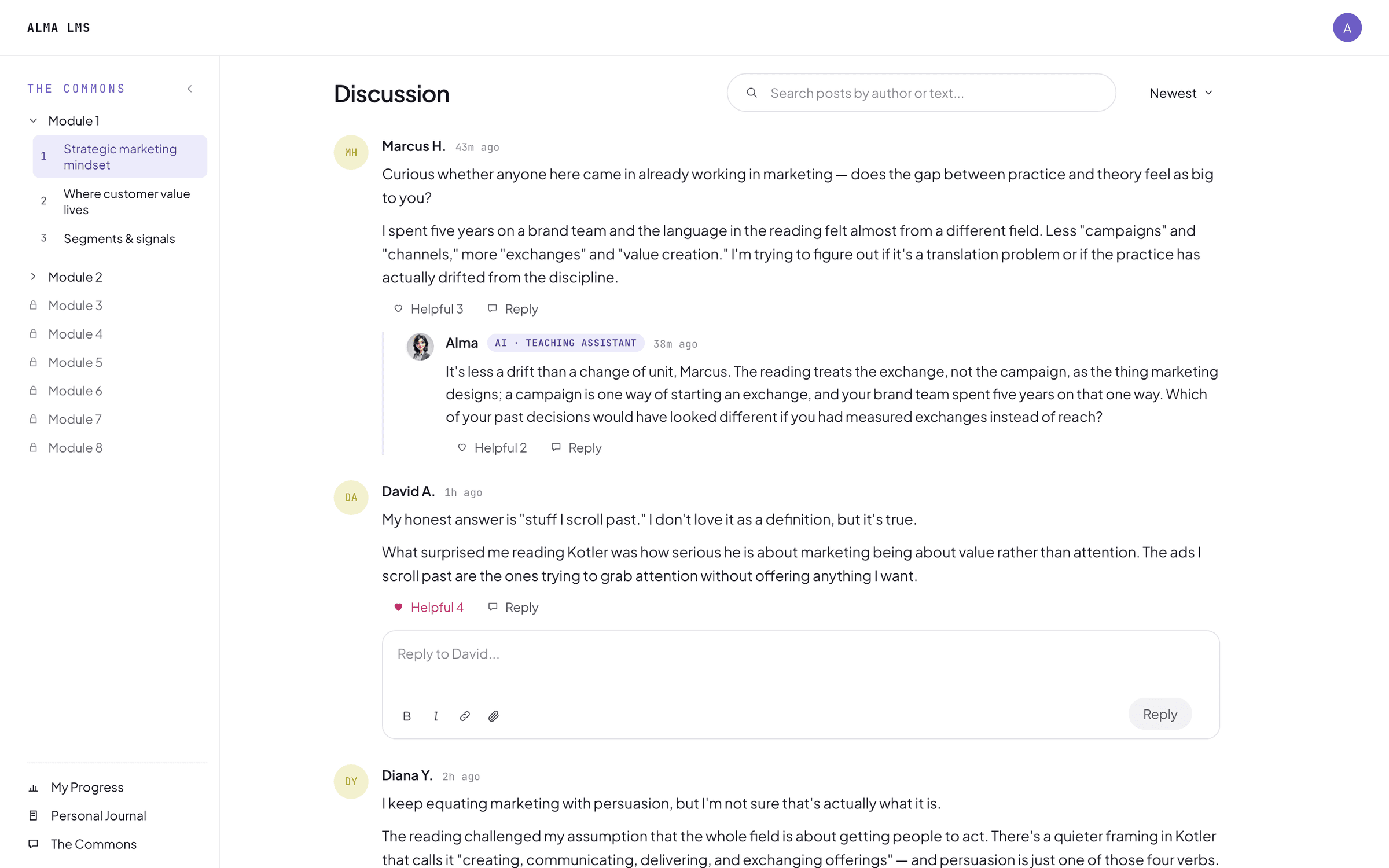 A discussion in the Commons, in Alma's LMS, from a marketing course. Marcus asks whether practice and theory feel far apart, and Alma, labeled AI teaching assistant, answers what he wrote and asks him a question back. Below, David's post has the reply box open.