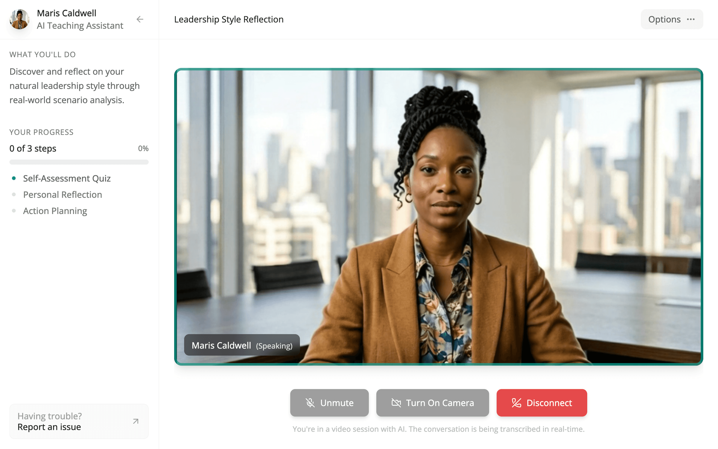 A practice conversation in Alma. The AI character, Maris Caldwell, is on camera and speaking. The panel beside her lists what the learner will do and their progress, and a note under the call controls says the session is with AI and is being transcribed in real time.