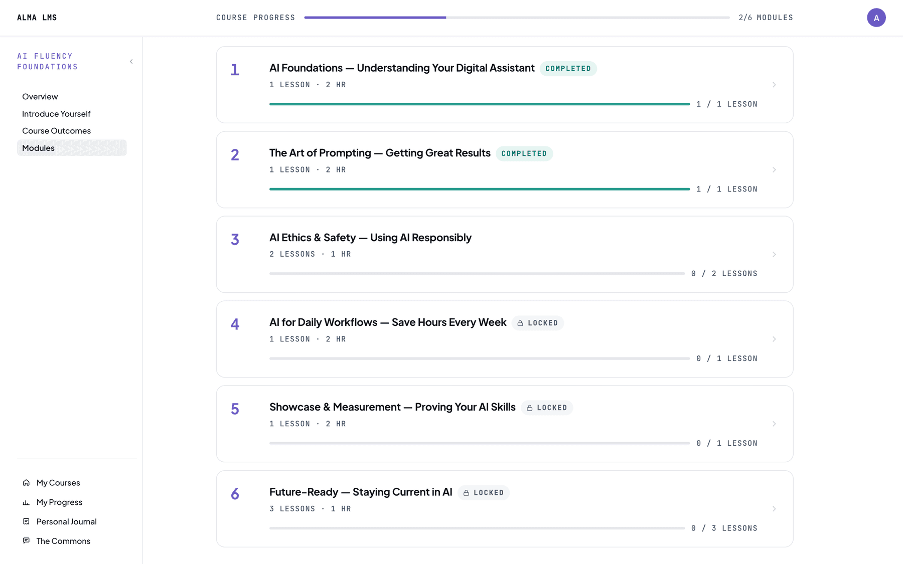 A course in Alma's LMS: six modules, the first two completed, the third open and the last three locked, with course progress at the top.